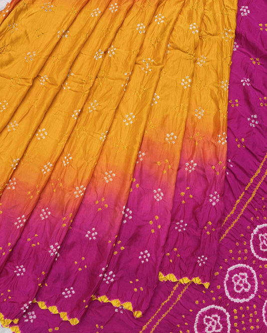 Pink & Yellow Shaded Gaji Silk Bandhani Saree - SindhoiPatolaArt