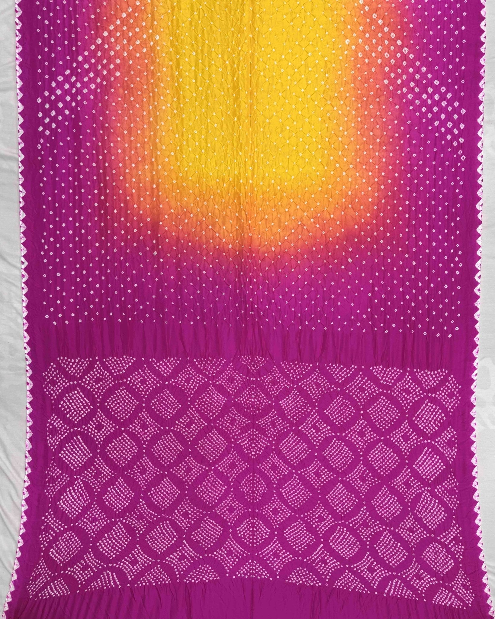 Pink & Yellow Shaded Habotai Bandhani Saree - SindhoiPatolaArt