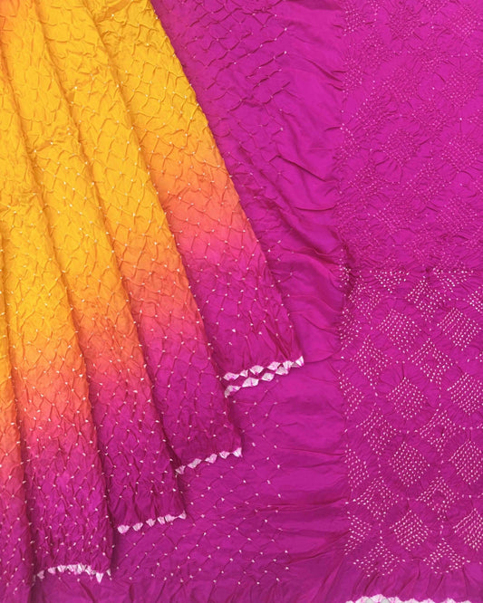 Pink & Yellow Shaded Habotai Bandhani Saree - SindhoiPatolaArt