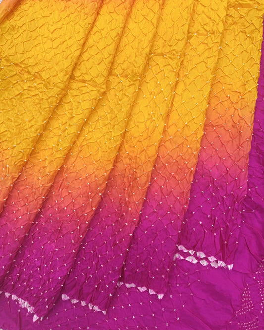 Pink & Yellow Shaded Habotai Bandhani Saree - SindhoiPatolaArt