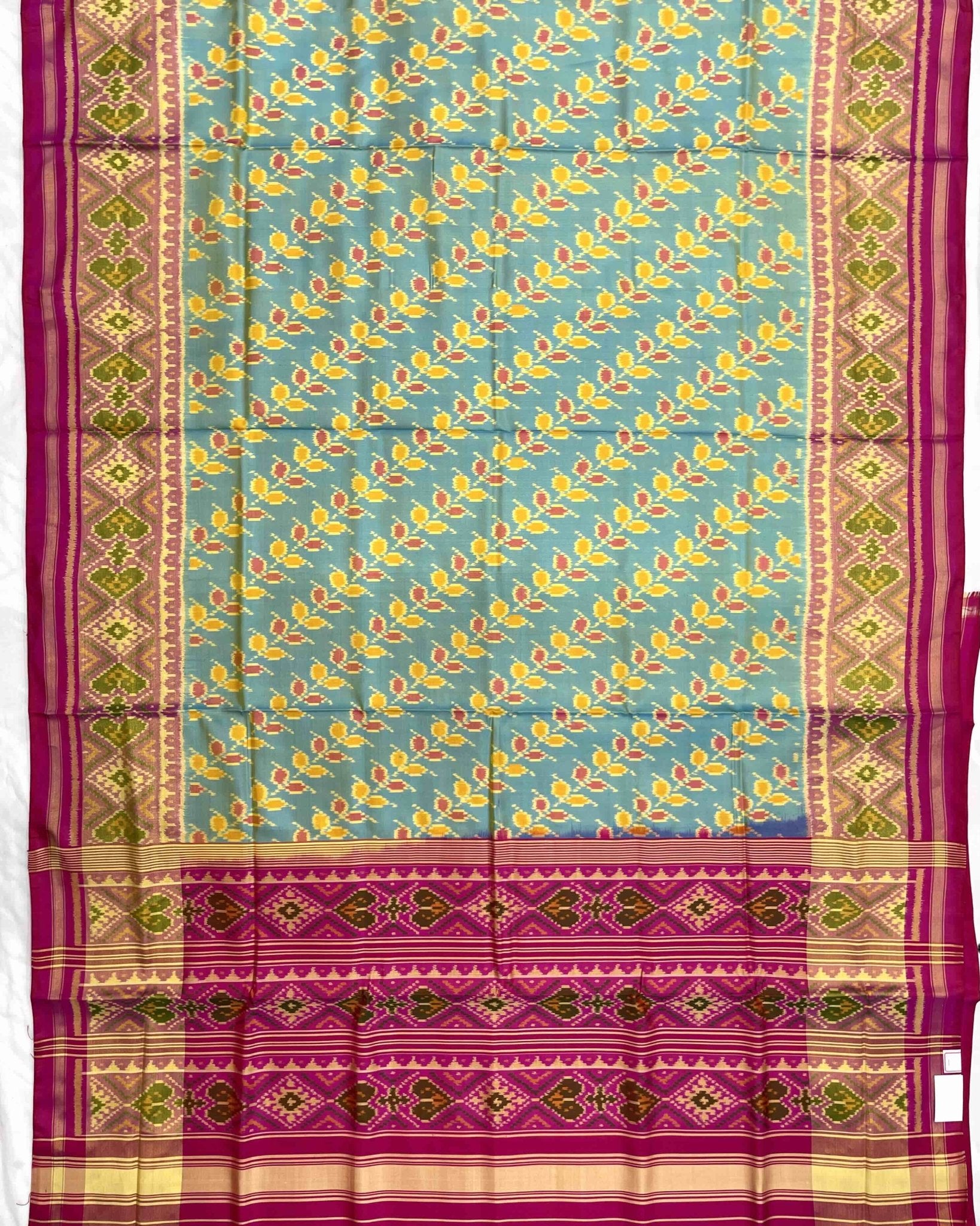 Pink & Yellowish Sky Blue Leaves Leheriya Patola Saree - SindhoiPatolaArt