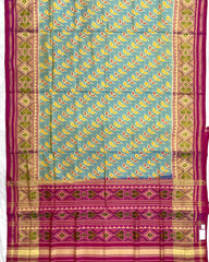 Pink & Yellowish Sky Blue Leaves Leheriya Patola Saree - SindhoiPatolaArt