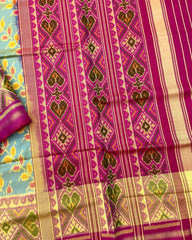 Pink & Yellowish Sky Blue Leaves Leheriya Patola Saree - SindhoiPatolaArt