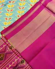 Pink & Yellowish Sky Blue Leaves Leheriya Patola Saree - SindhoiPatolaArt