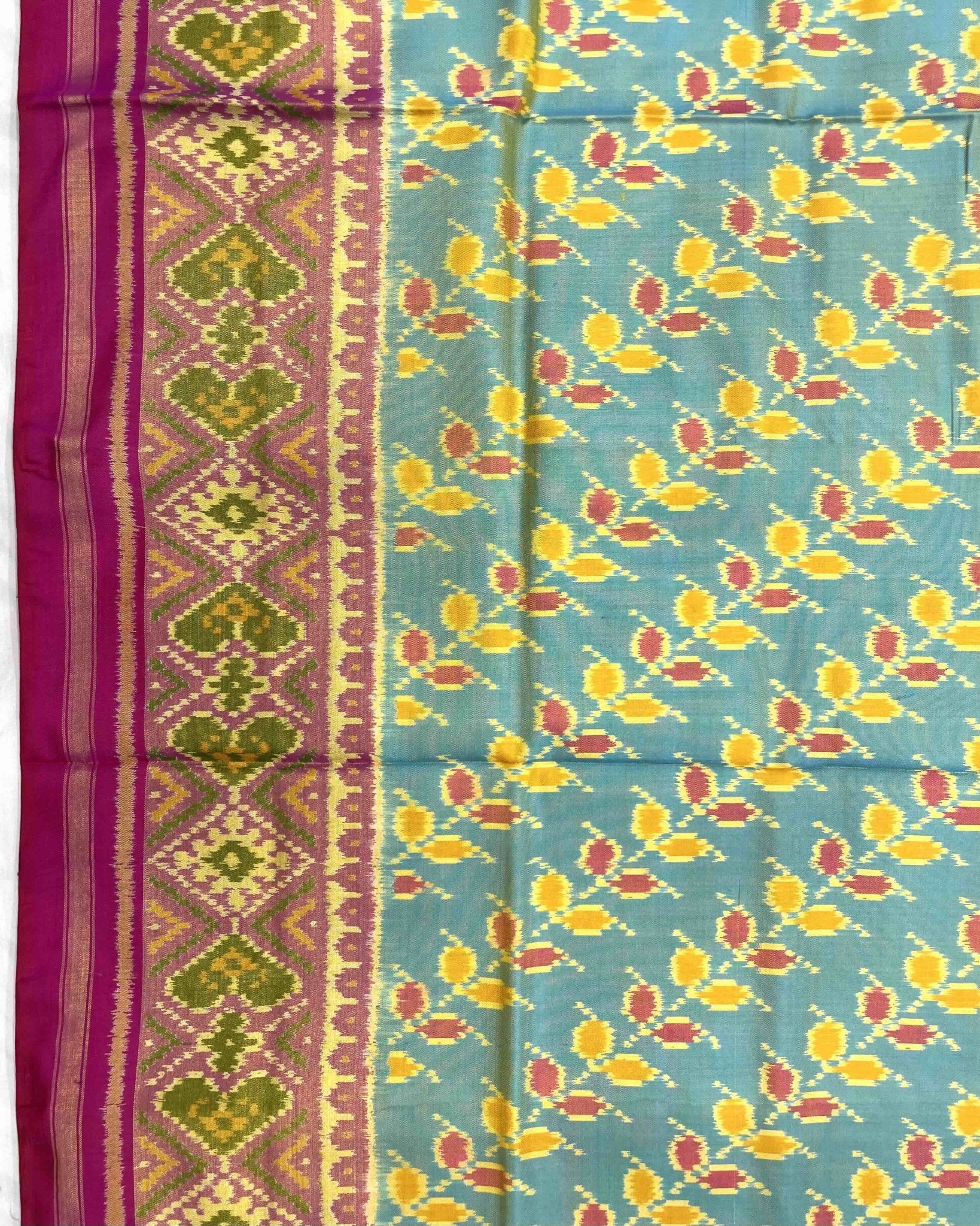 Pink & Yellowish Sky Blue Leaves Leheriya Patola Saree - SindhoiPatolaArt