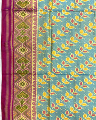 Pink & Yellowish Sky Blue Leaves Leheriya Patola Saree - SindhoiPatolaArt