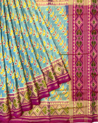 Pink & Yellowish Sky Blue Leaves Leheriya Patola Saree - SindhoiPatolaArt