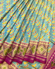 Pink & Yellowish Sky Blue Leaves Leheriya Patola Saree - SindhoiPatolaArt