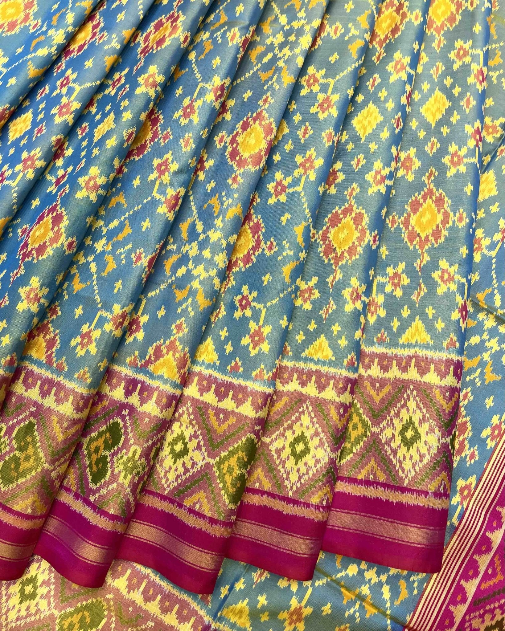 Pink & Yellowish Sky Blue Navratan Patola Saree - SindhoiPatolaArt