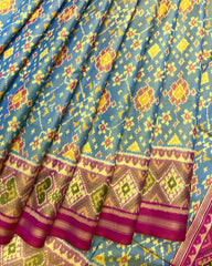 Pink & Yellowish Sky Blue Navratan Patola Saree - SindhoiPatolaArt