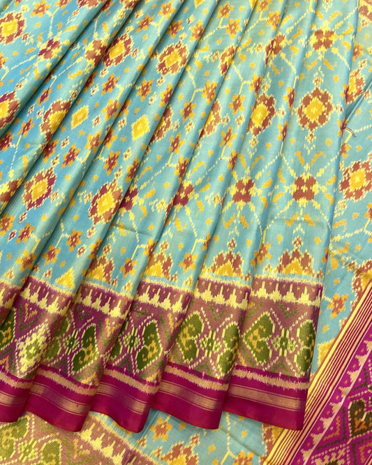 Pink & Yellowish Sky Blue Navratan Patola Saree - SindhoiPatolaArt