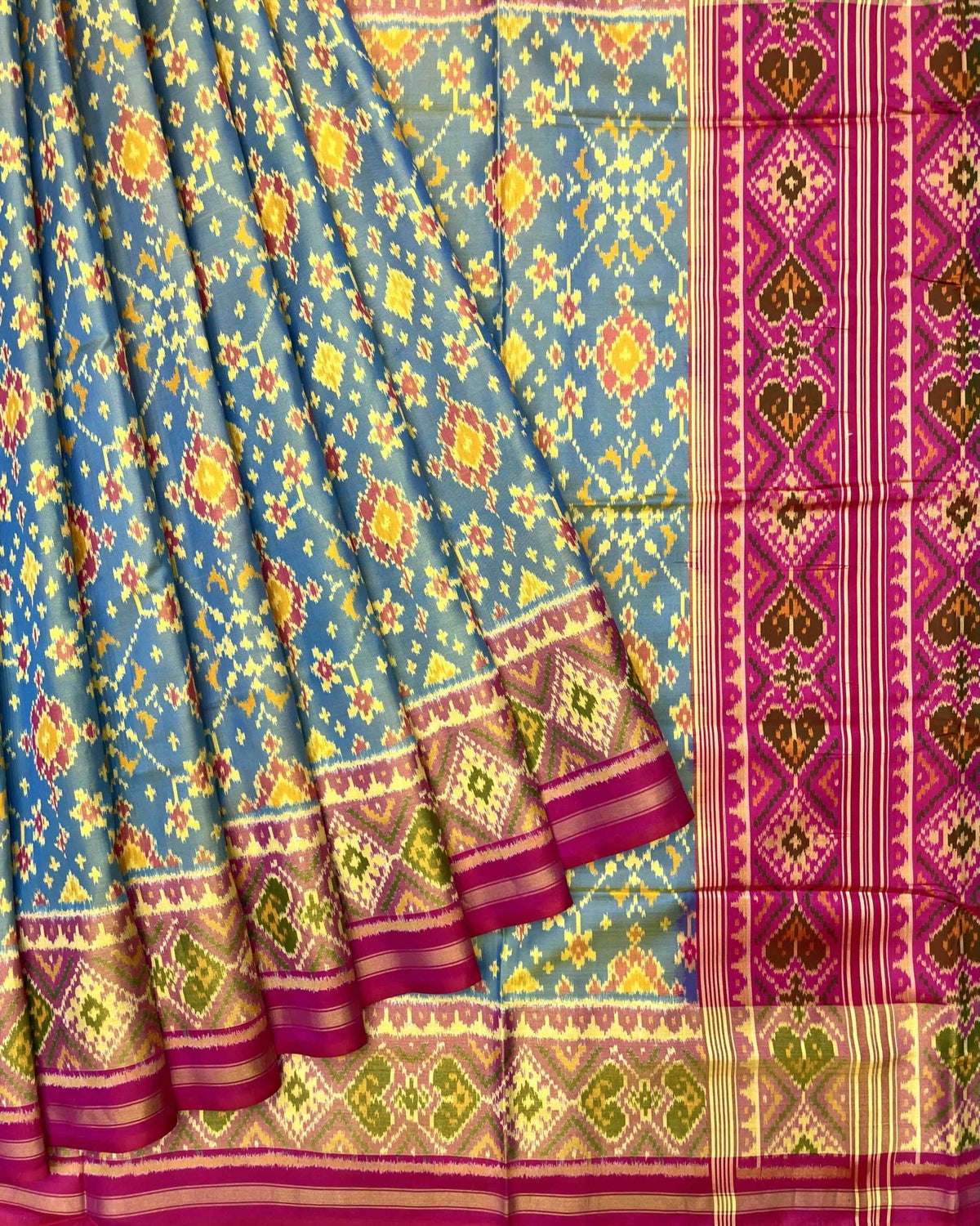 Pink & Yellowish Sky Blue Navratan Patola Saree - SindhoiPatolaArt
