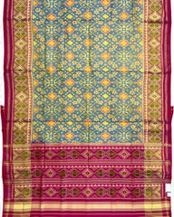 Pink & Yellowish Sky Blue Navratan Patola Saree - SindhoiPatolaArt