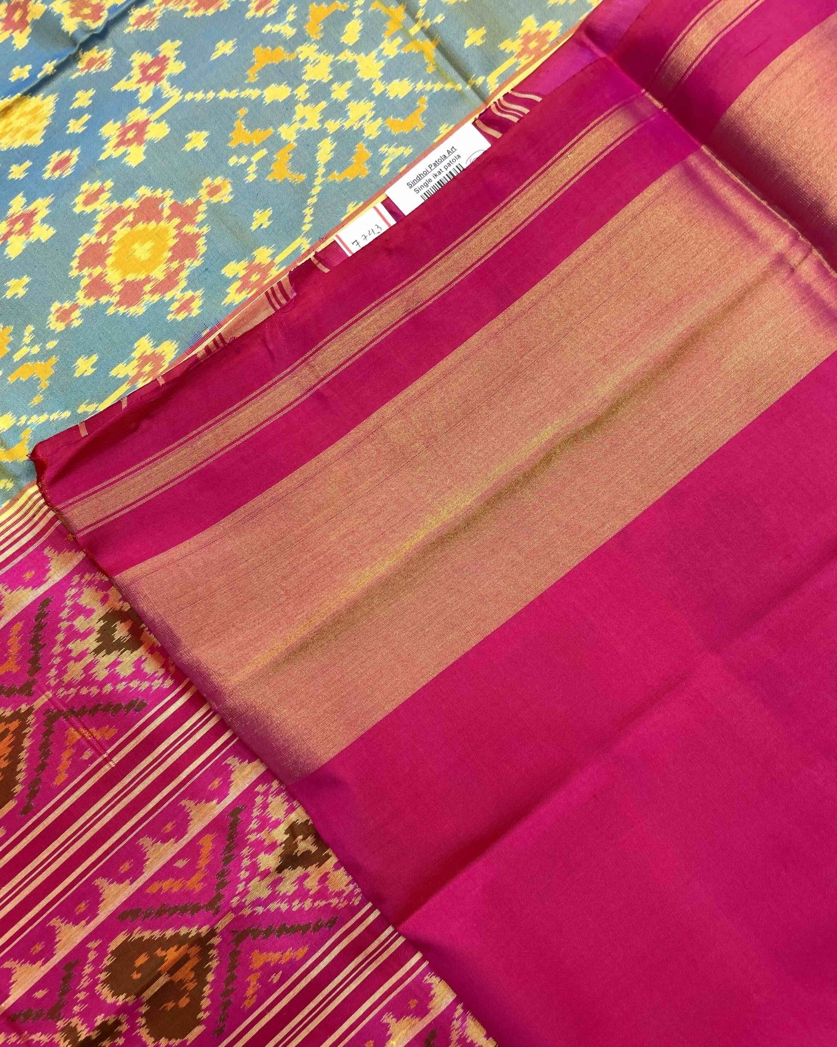Pink & Yellowish Sky Blue Navratan Patola Saree - SindhoiPatolaArt
