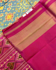 Pink & Yellowish Sky Blue Navratan Patola Saree - SindhoiPatolaArt