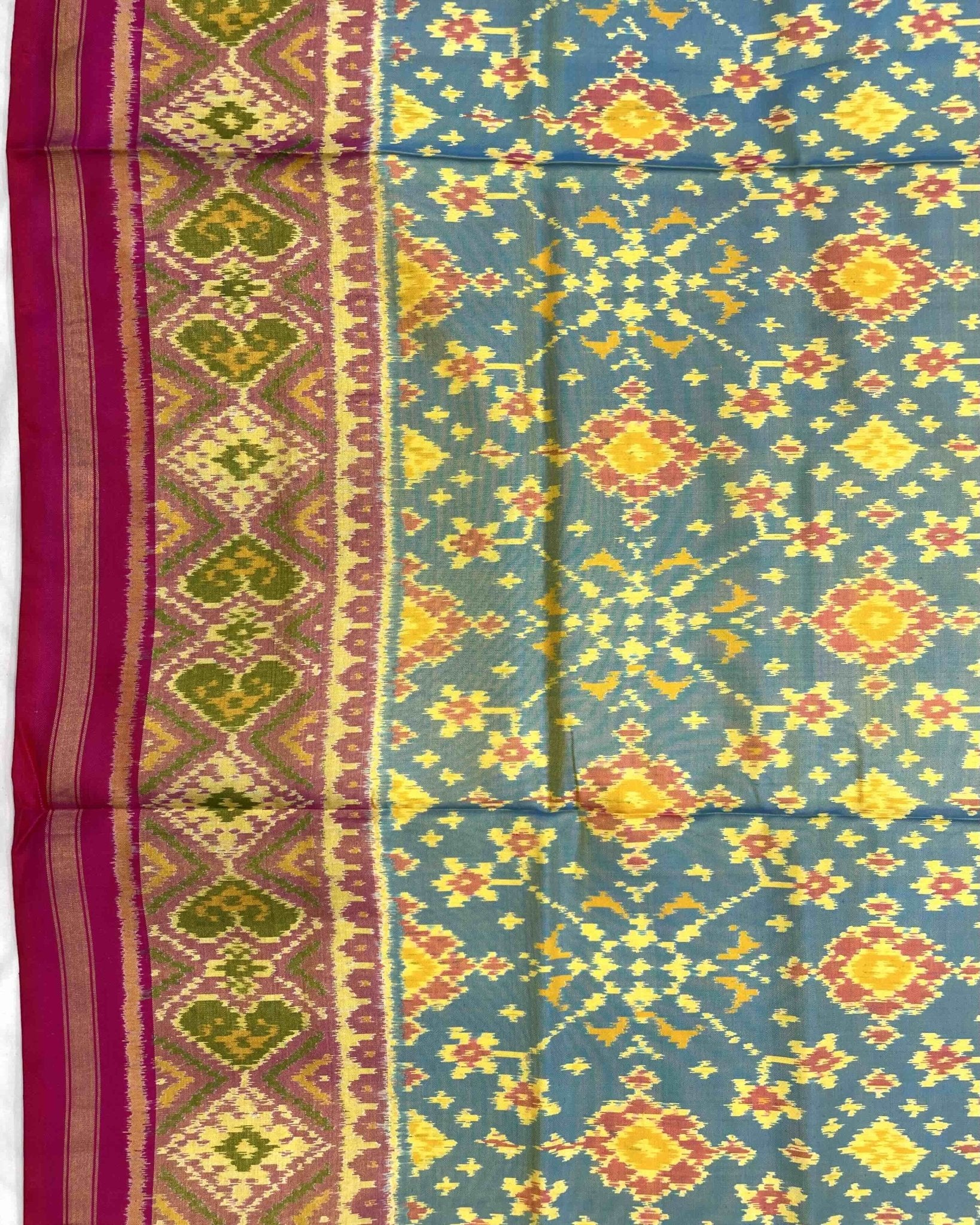 Pink & Yellowish Sky Blue Navratan Patola Saree - SindhoiPatolaArt