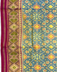 Pink & Yellowish Sky Blue Navratan Patola Saree - SindhoiPatolaArt
