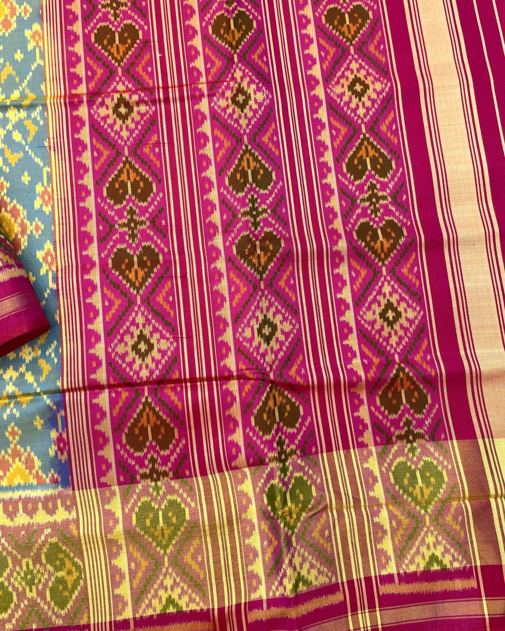 Pink & Yellowish Sky Blue Navratan Patola Saree - SindhoiPatolaArt