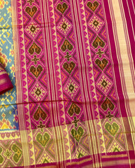 Pink & Yellowish Sky Blue Navratan Patola Saree - SindhoiPatolaArt