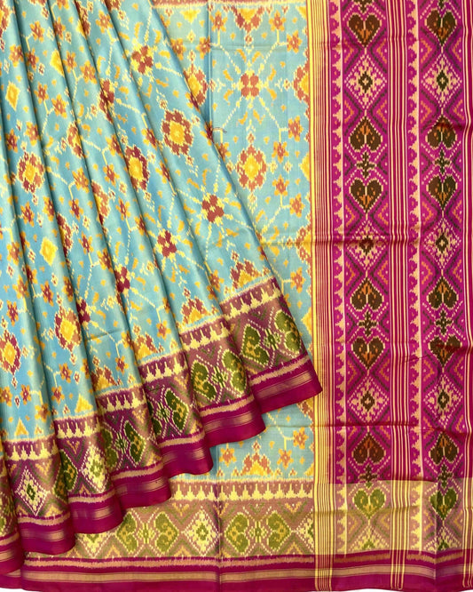 Pink & Yellowish Sky Blue Navratan Patola Saree - SindhoiPatolaArt