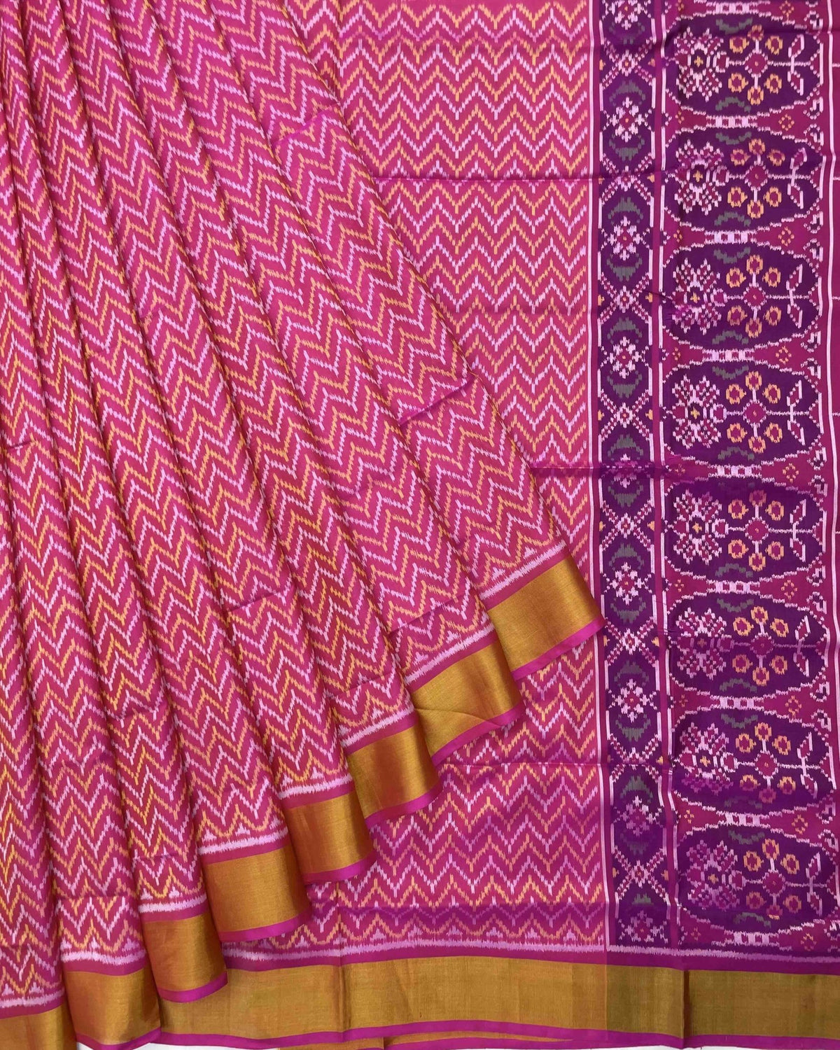 Pink Zig Zag Patola Saree - SindhoiPatolaArt