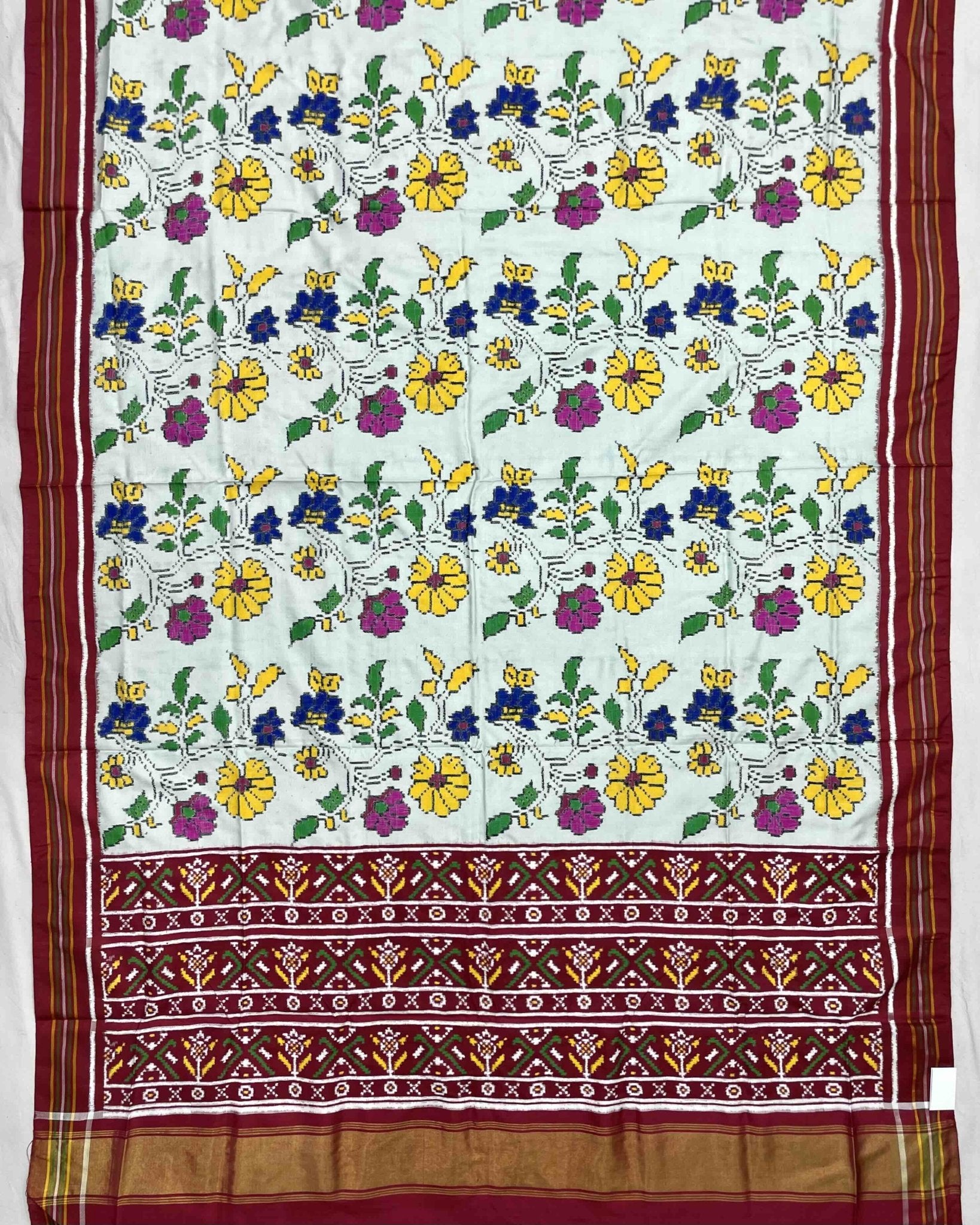 Pinkish Red & Ice Blue Leheriya Flower Double Ikat Patola Saree - SindhoiPatolaArt