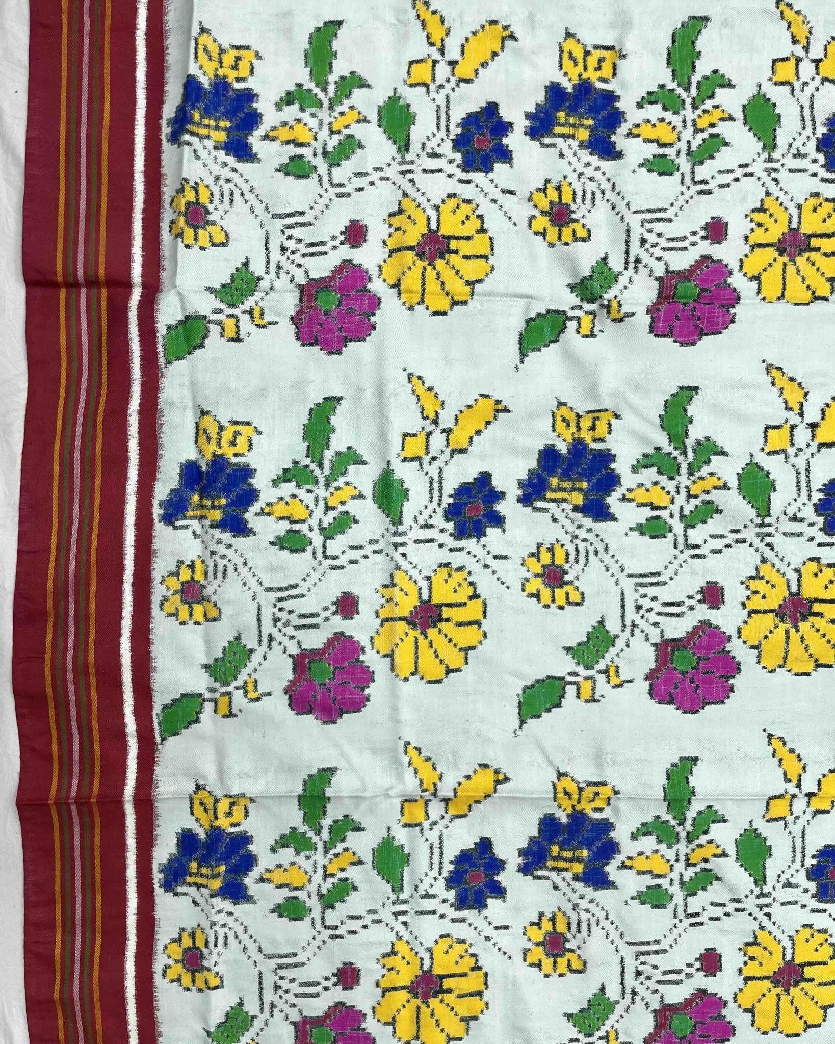 Pinkish Red & Ice Blue Leheriya Flower Double Ikat Patola Saree - SindhoiPatolaArt