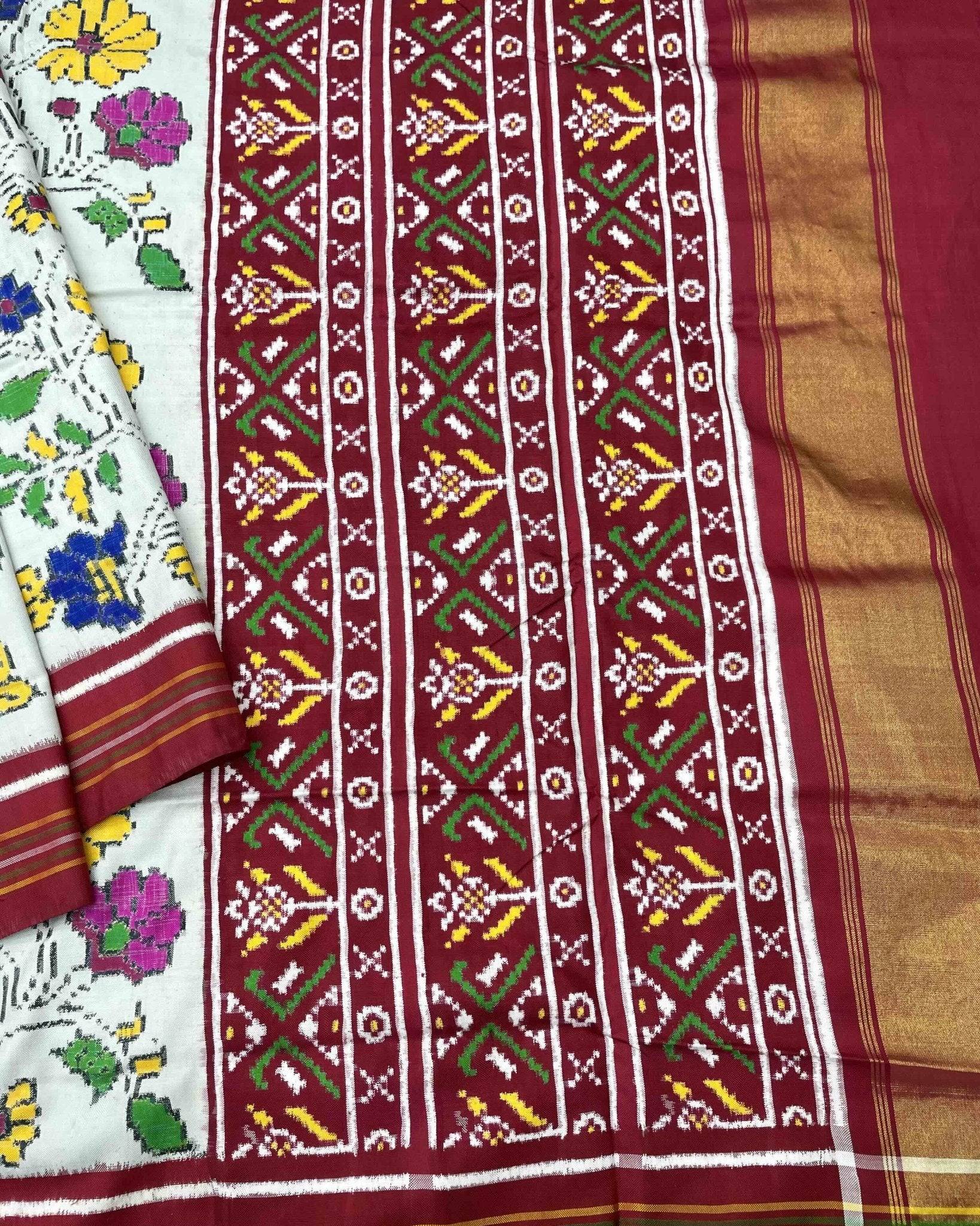 Pinkish Red & Ice Blue Leheriya Flower Double Ikat Patola Saree - SindhoiPatolaArt