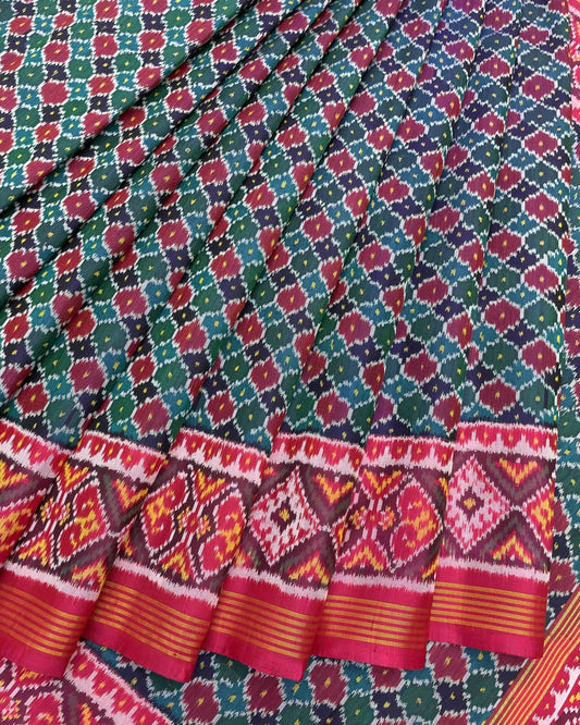 Pinkish Red & Multicolour Booty Patola Saree - SindhoiPatolaArt