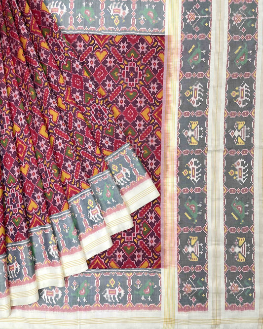 Pinkish Red & White Manekchowk Designer Patola Saree - SindhoiPatolaArt