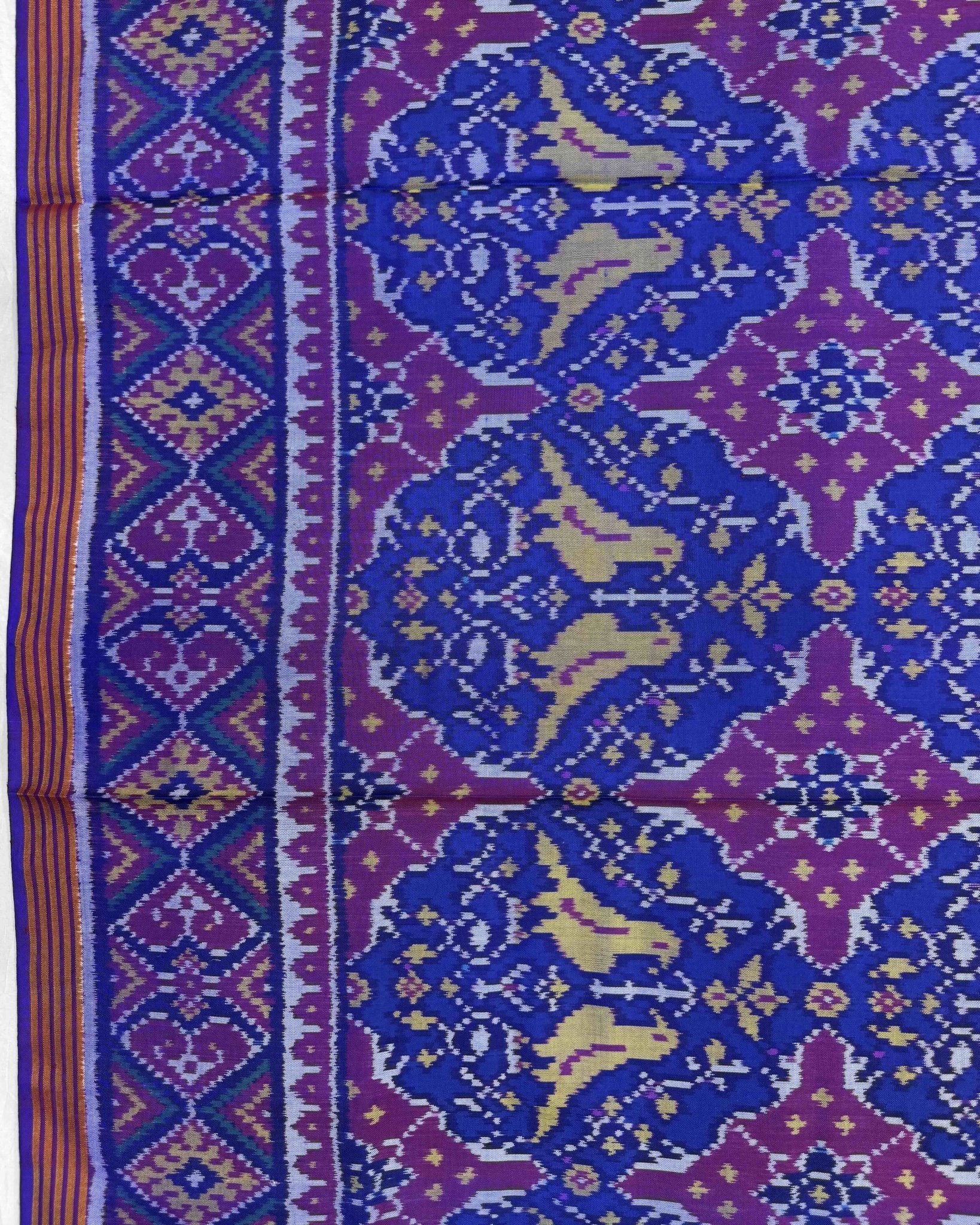Purple & Blue Chhabdi Birds Semi Double Ikat Patola Saree - SindhoiPatolaArt