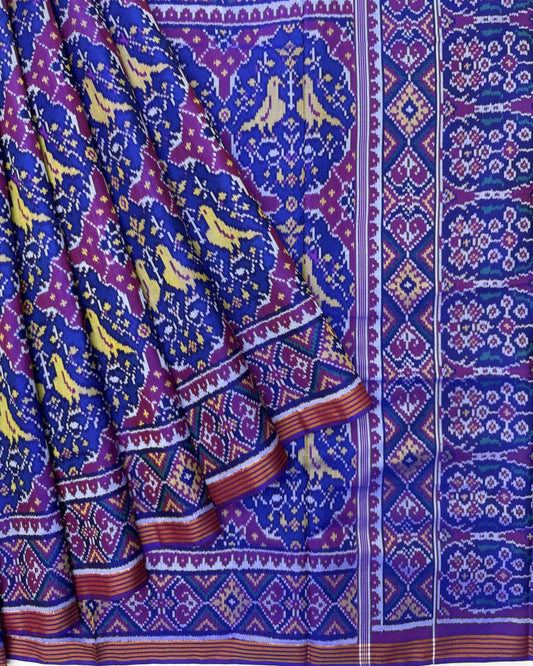Purple & Blue Chhabdi Birds Semi Double Ikat Patola Saree - SindhoiPatolaArt