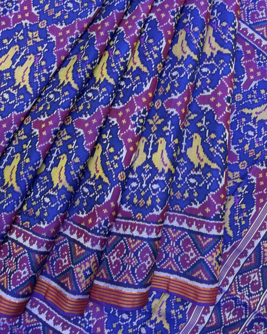 Purple & Blue Chhabdi Birds Semi Double Ikat Patola Saree - SindhoiPatolaArt