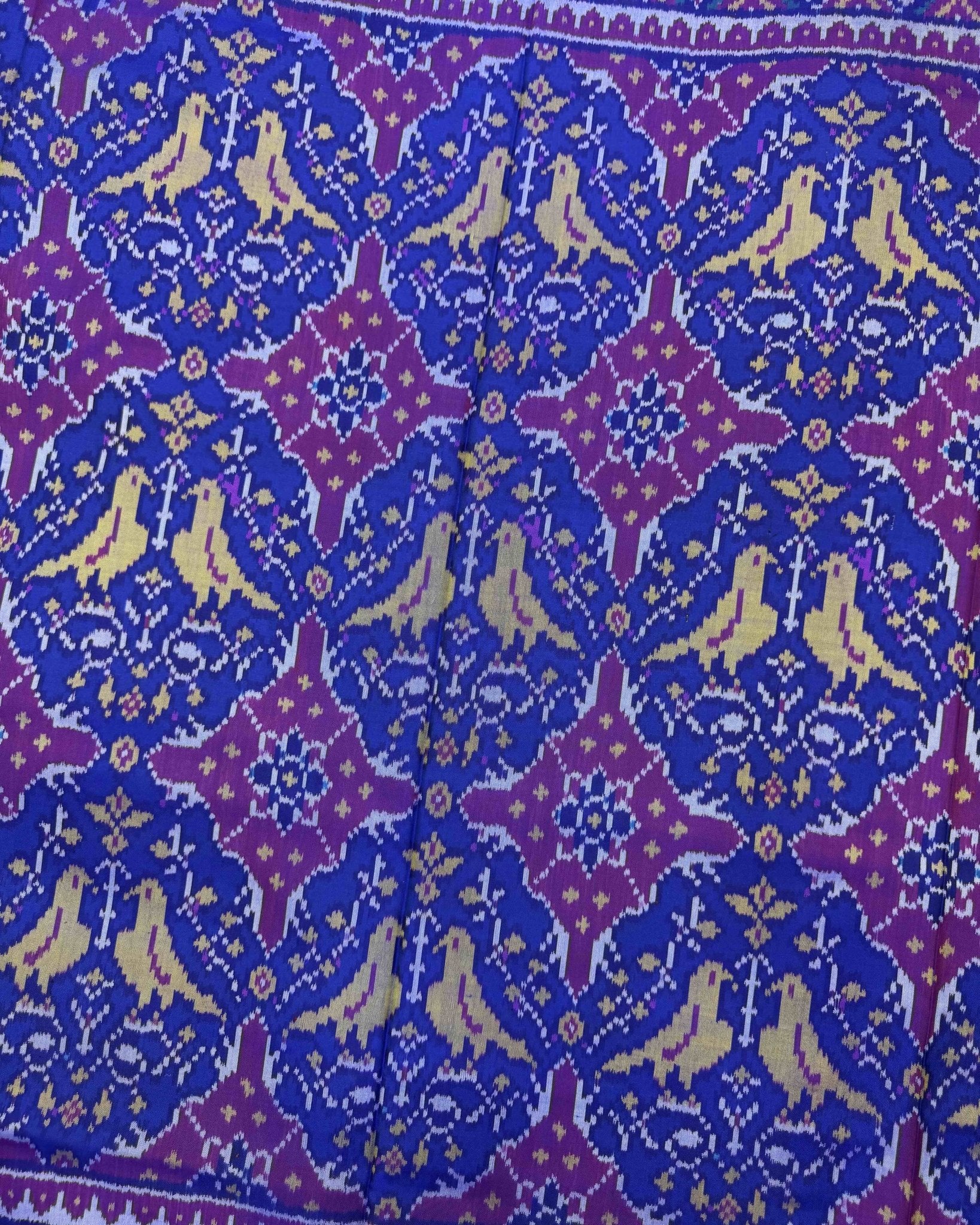 Purple & Blue Chhabdi Birds Semi Double Ikat Patola Saree - SindhoiPatolaArt