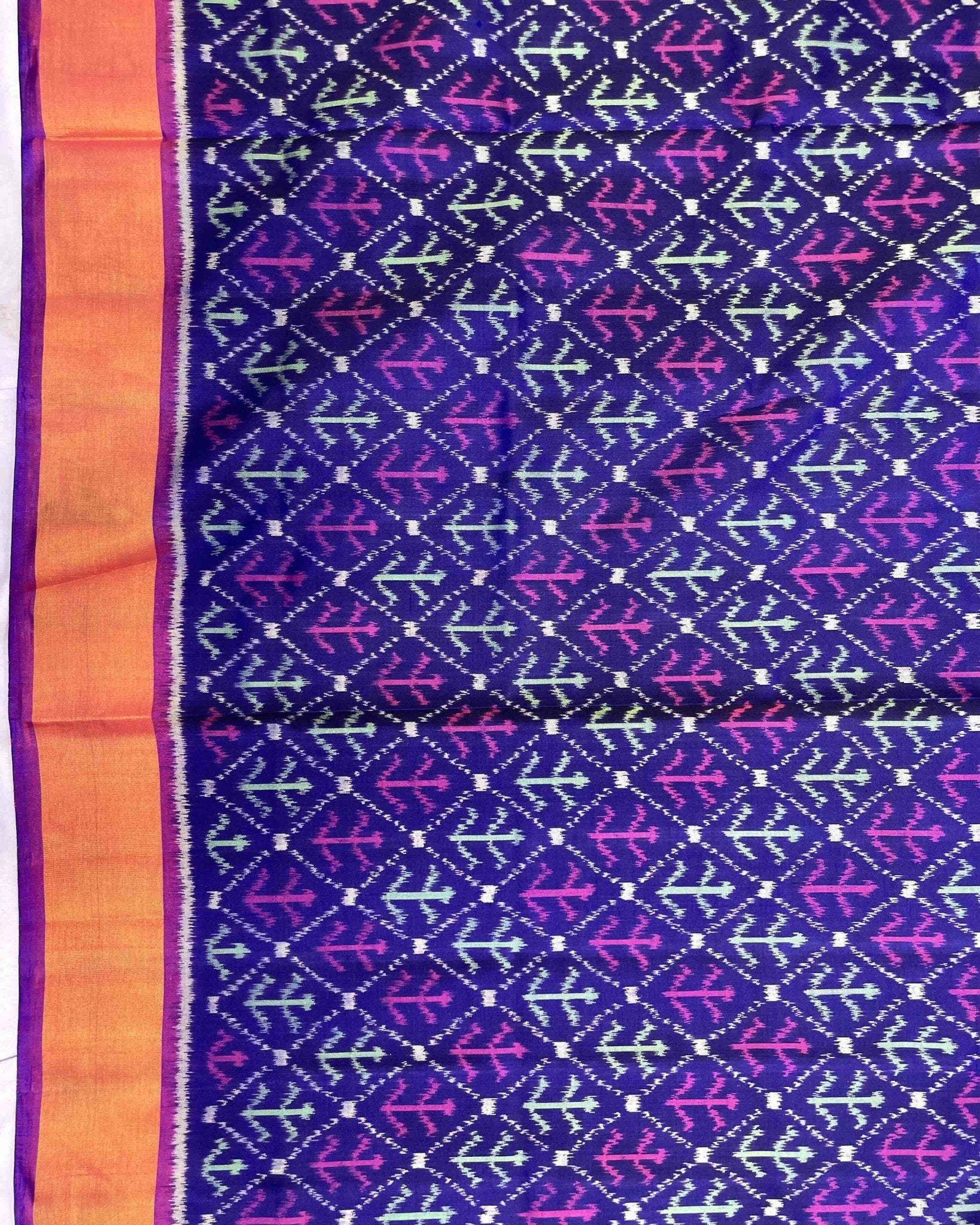Purple & Blue Fancy Leaves Patola Saree - SindhoiPatolaArt