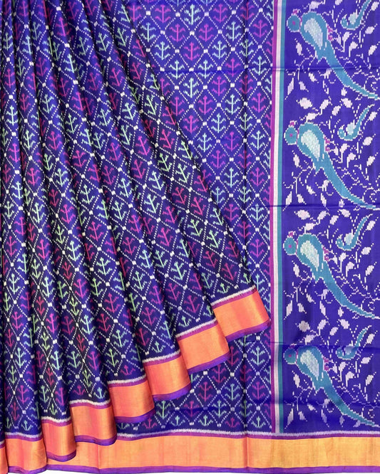 Purple & Blue Fancy Leaves Patola Saree - SindhoiPatolaArt