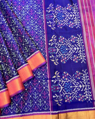 Purple & Blue Fancy Leaves Patola Saree - SindhoiPatolaArt