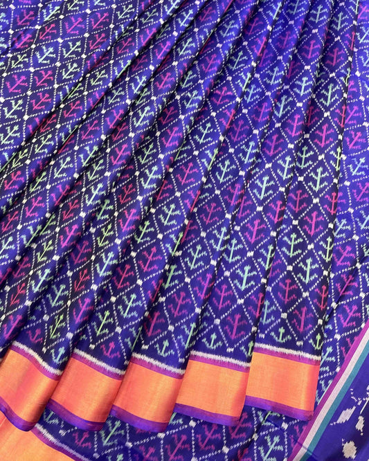 Purple & Blue Fancy Leaves Patola Saree - SindhoiPatolaArt