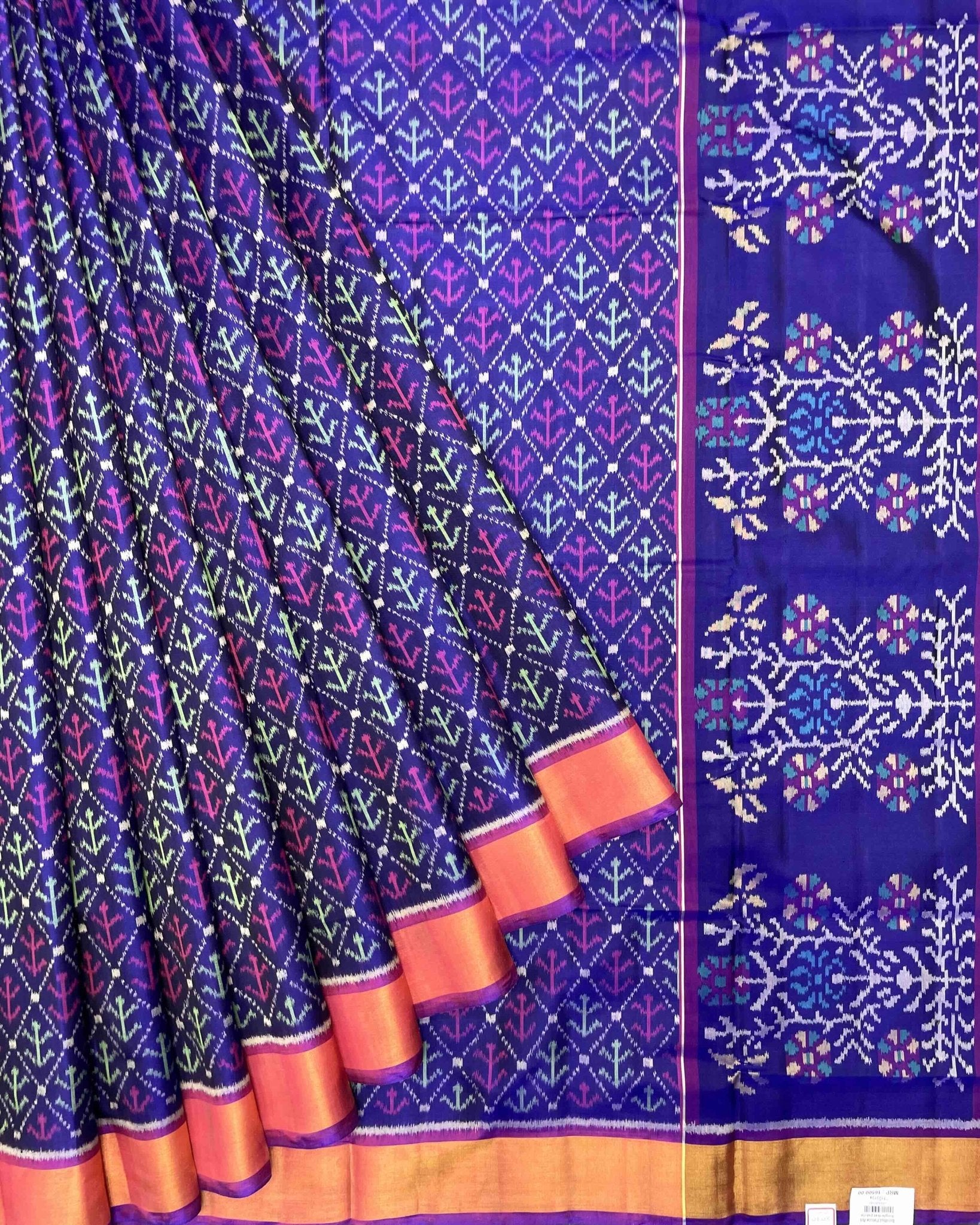 Purple & Blue Fancy Leaves Patola Saree - SindhoiPatolaArt