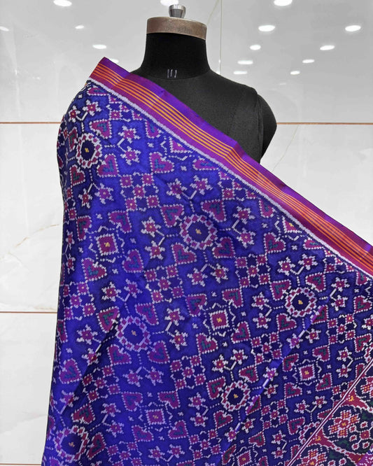 Purple & Blue Navratan Semi Double Ikat Patola Dupatta - SindhoiPatolaArt