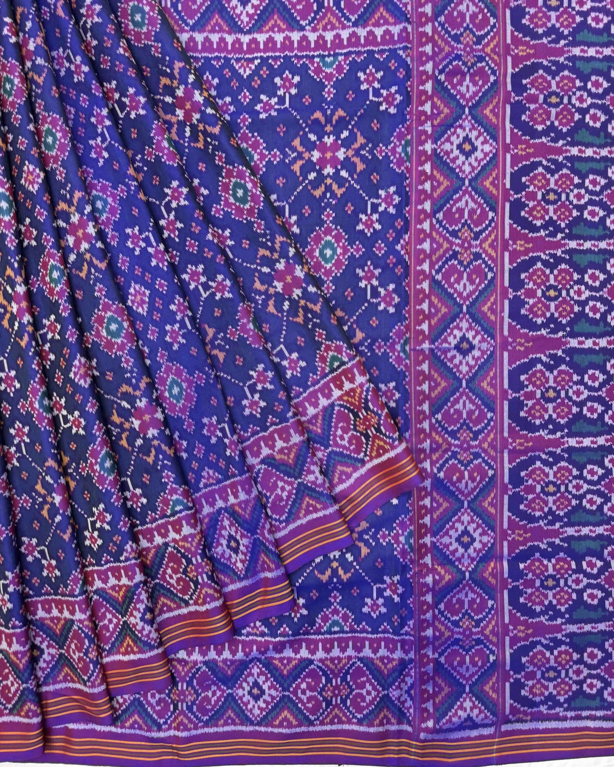 Purple & Blue Navratan Semi Double Ikat Patola Saree - SindhoiPatolaArt