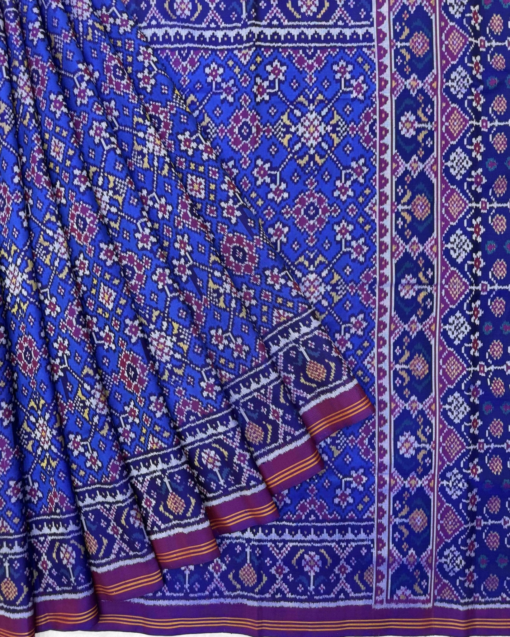 Purple & Blue Navratan Semi Double Ikat Patola Saree - SindhoiPatolaArt