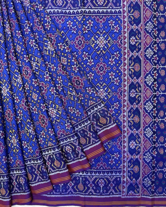 Purple & Blue Navratan Semi Double Ikat Patola Saree - SindhoiPatolaArt