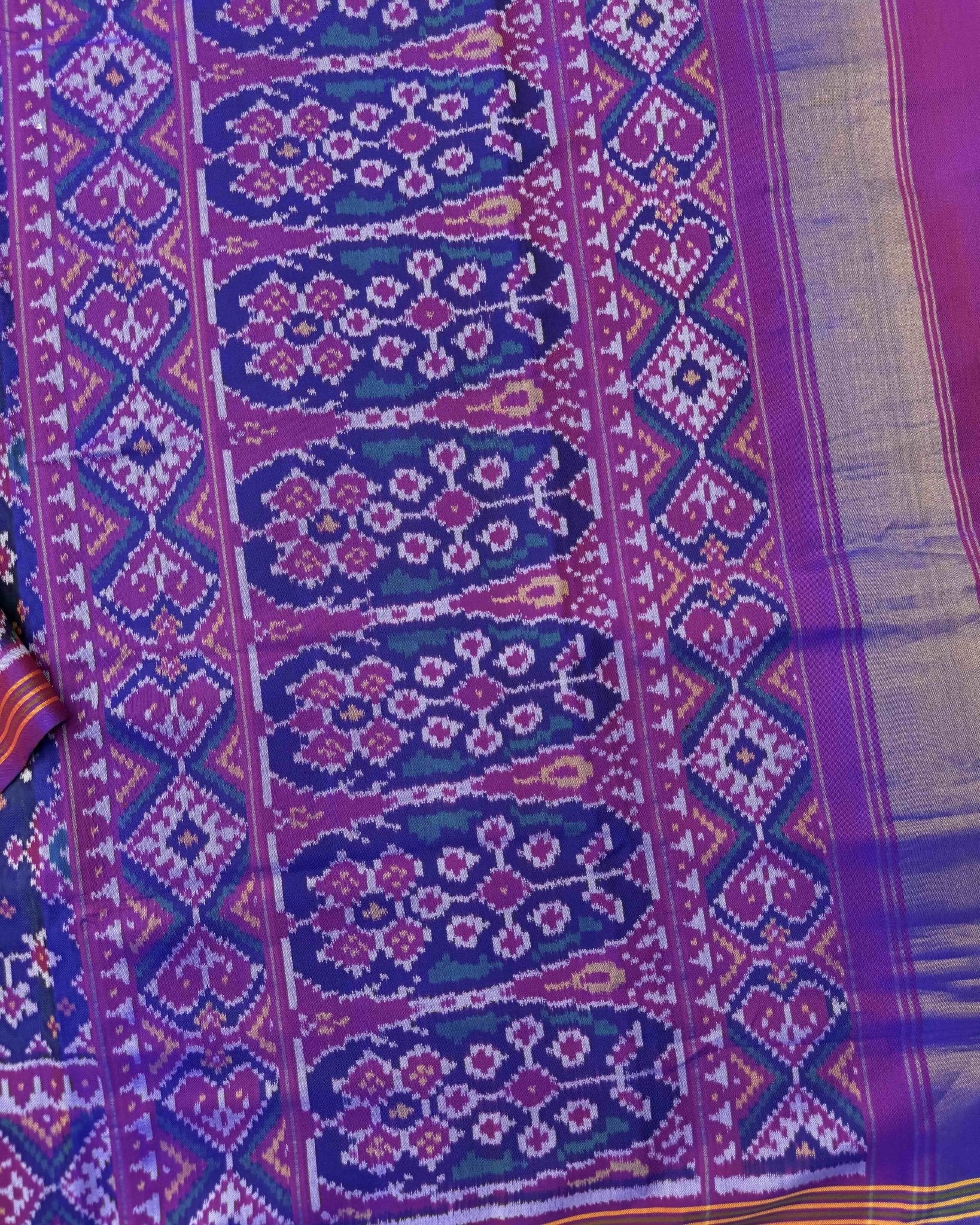 Purple & Blue Navratan Semi Double Ikat Patola Saree - SindhoiPatolaArt