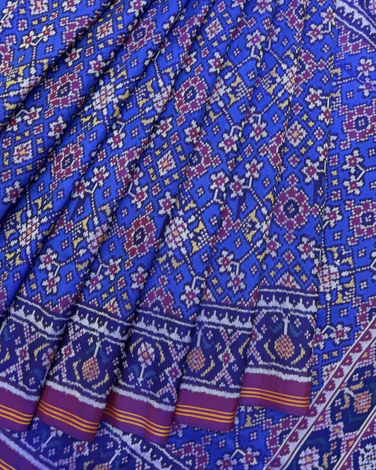 Purple & Blue Navratan Semi Double Ikat Patola Saree - SindhoiPatolaArt