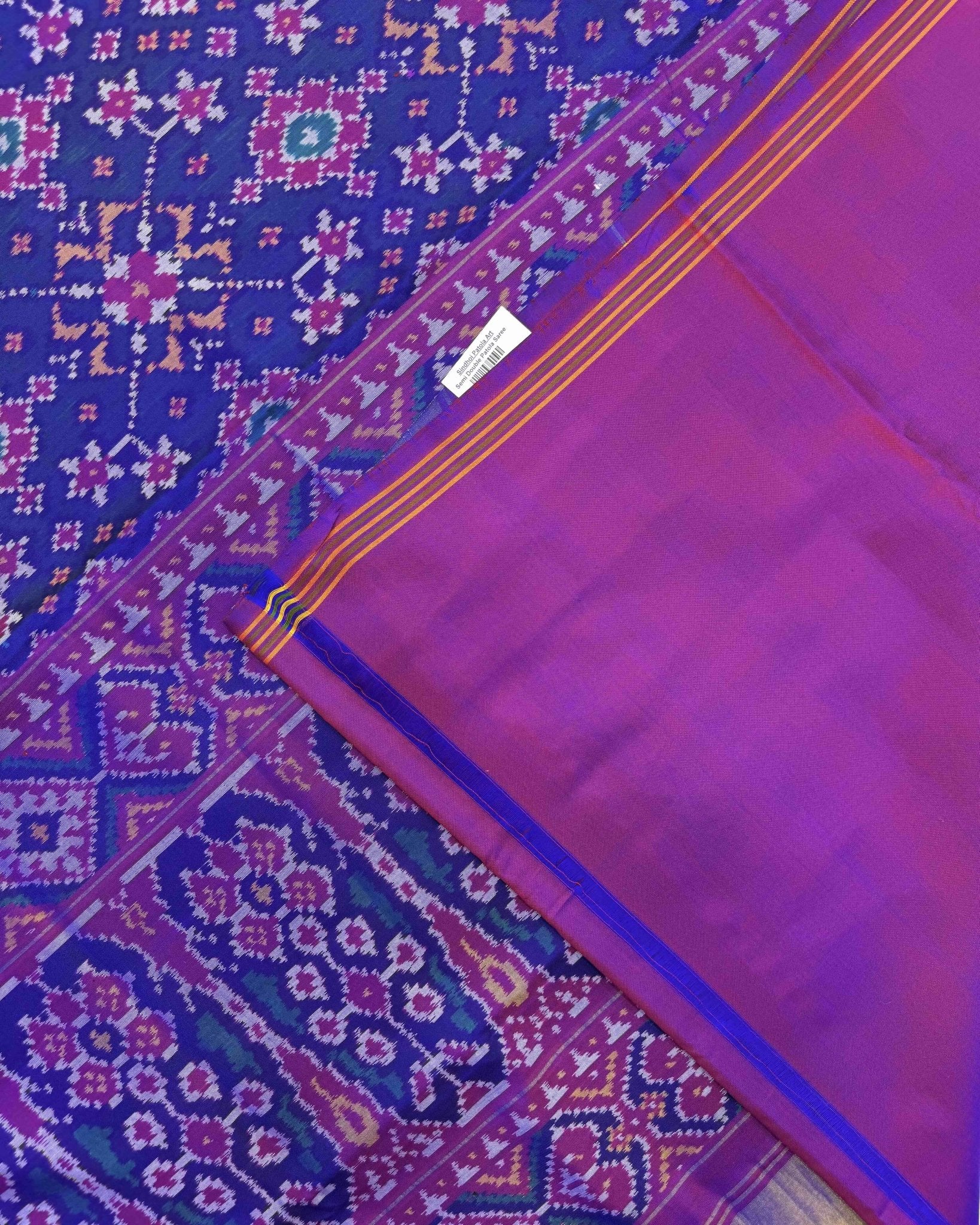 Purple & Blue Navratan Semi Double Ikat Patola Saree - SindhoiPatolaArt
