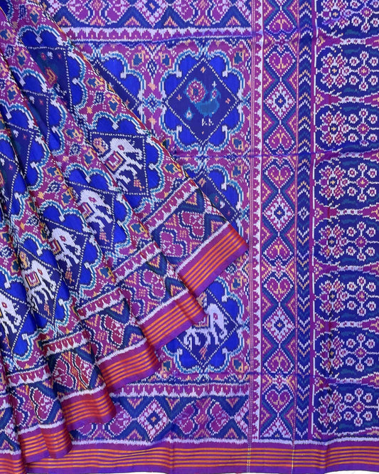 Purple & Blue Star Narikunj Designer Patola Saree - SindhoiPatolaArt