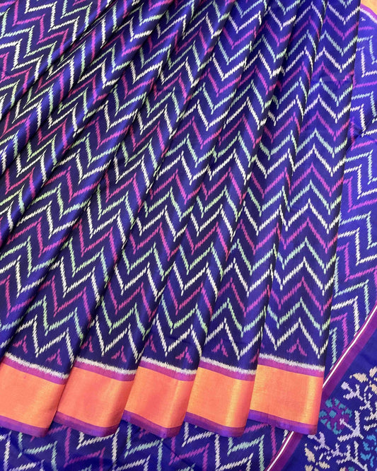 Purple & Blue Zig Zag Lining Patola Saree - SindhoiPatolaArt