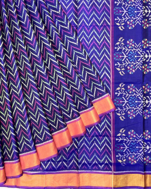 Purple & Blue Zig Zag Lining Patola Saree - SindhoiPatolaArt