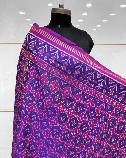 Purple Buttonful Semi Double Ikat Patola Dupatta - SindhoiPatolaArt